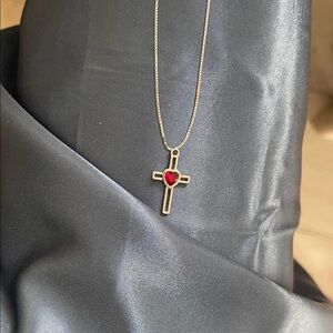 Gold Cross Necklace with Red Heart